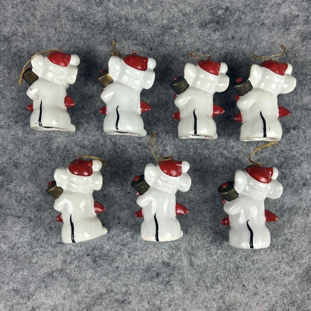 Lot of 7 Vintage Christmas Ornament Mouse with Bell Red White Ceramic Tree Decor